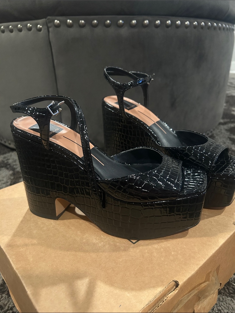 Dolce Vita Black Croc-Embossed Platform Slingbacks - Picture 7 of 7